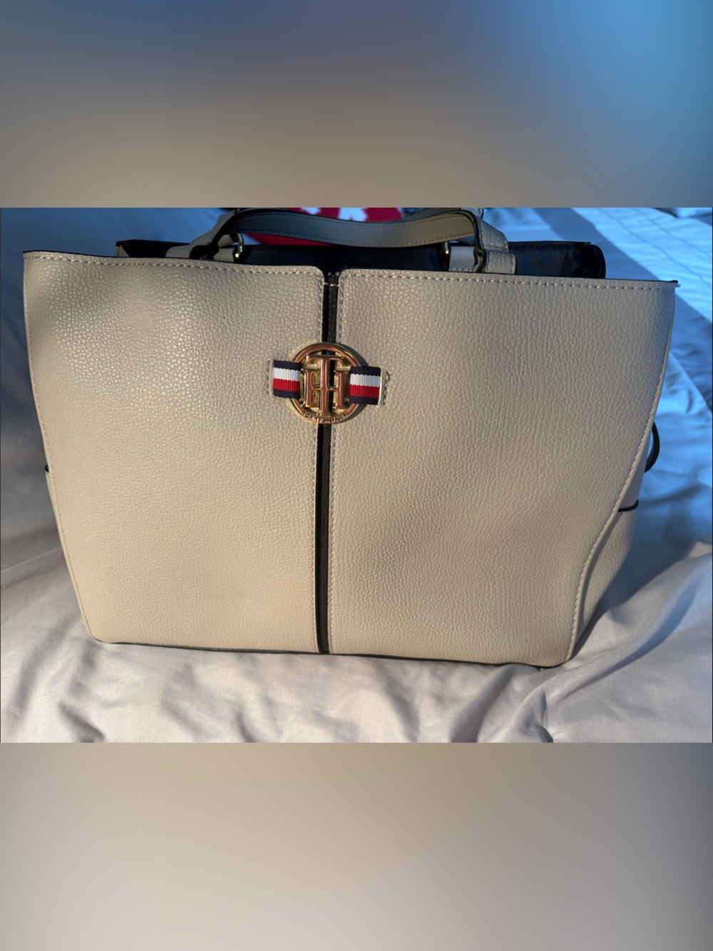 Tommy Hilfiger Cream Tote with Signature Ribbon Emblem
